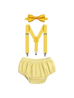 Baby Boys Cake Smash Outfit First Birthday Bloomers Bowtie Adjustable Y Back Suspenders Clothes set