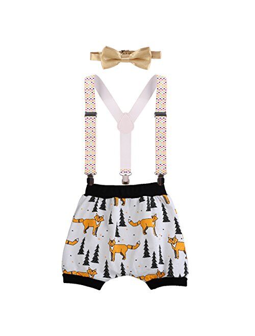 IBTOM CASTLE Baby Boys Cake Smash Outfit First Birthday Bloomers Bowtie Adjustable Y Back Suspenders Clothes set