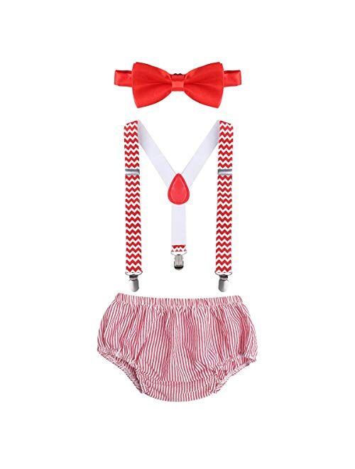 IBTOM CASTLE Baby Boys Cake Smash Outfit First Birthday Bloomers Bowtie Adjustable Y Back Suspenders Clothes set