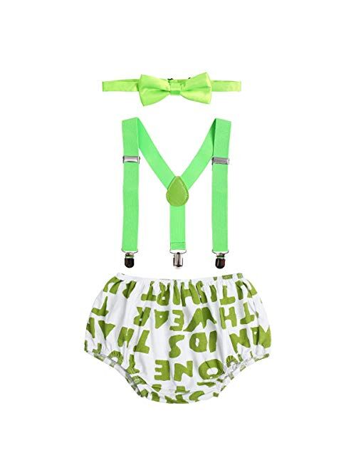 IBTOM CASTLE Baby Boys Cake Smash Outfit First Birthday Bloomers Bowtie Adjustable Y Back Suspenders Clothes set