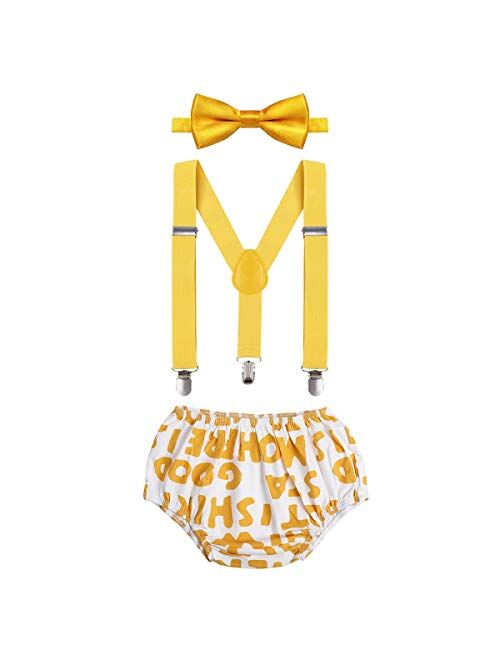 IBTOM CASTLE Baby Boys Cake Smash Outfit First Birthday Bloomers Bowtie Adjustable Y Back Suspenders Clothes set