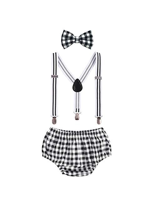 IBTOM CASTLE Baby Boys Cake Smash Outfit First Birthday Bloomers Bowtie Adjustable Y Back Suspenders Clothes set