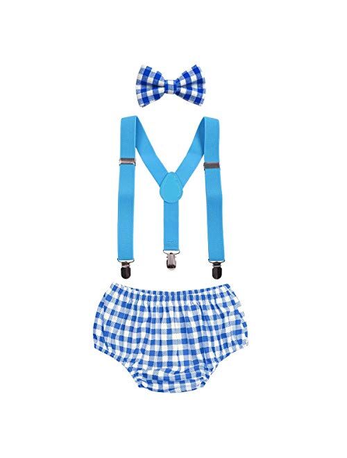 IBTOM CASTLE Baby Boys Cake Smash Outfit First Birthday Bloomers Bowtie Adjustable Y Back Suspenders Clothes set