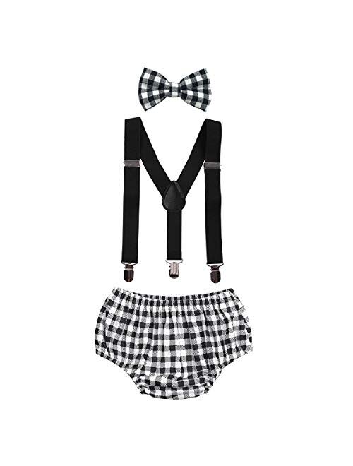 IBTOM CASTLE Baby Boys Cake Smash Outfit First Birthday Bloomers Bowtie Adjustable Y Back Suspenders Clothes set