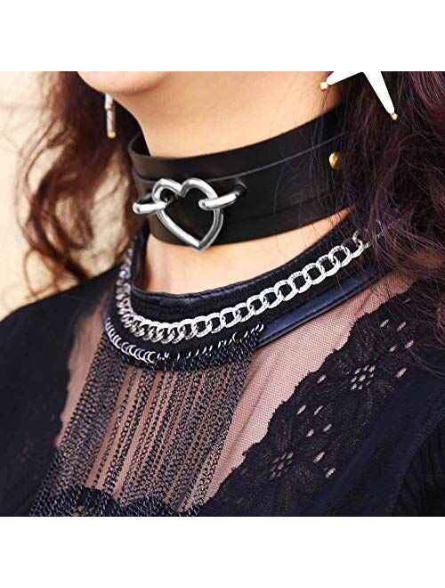 MJartoria Gothic Jewelry-PU Leather Choker Necklace-1-4 PCS O-Ring Heart Punk Rock Adjustable Collar Choker for Women Men Unisex