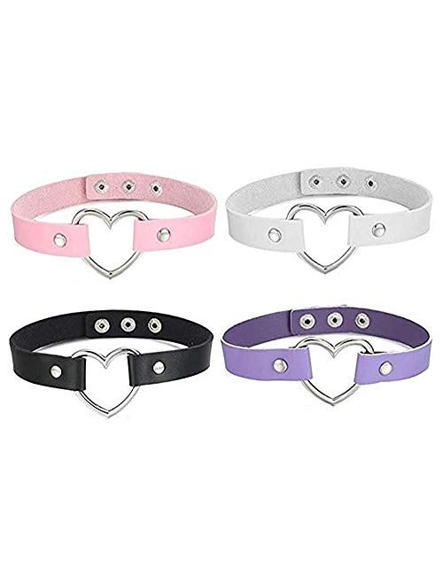 MJartoria Gothic Jewelry-PU Leather Choker Necklace-1-4 PCS O-Ring Heart Punk Rock Adjustable Collar Choker for Women Men Unisex