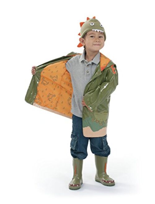 Kidorable Green Dinosaur PU All-Weather Raincoat for Boys With Fun Dino Spikes and Volcano