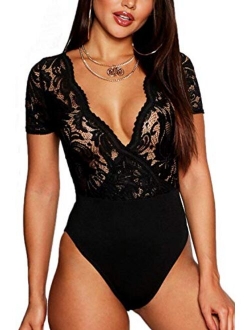 Gladiolus Women Lace Bodysuit Sexy Deep V Snap Crotch Clubwear Tops S-XXXL