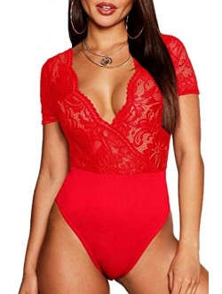 Gladiolus Women Lace Bodysuit Sexy Deep V Snap Crotch Clubwear Tops S-XXXL