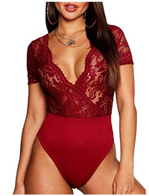 Gladiolus Women Lace Bodysuit Sexy Deep V Snap Crotch Clubwear Tops S-XXXL