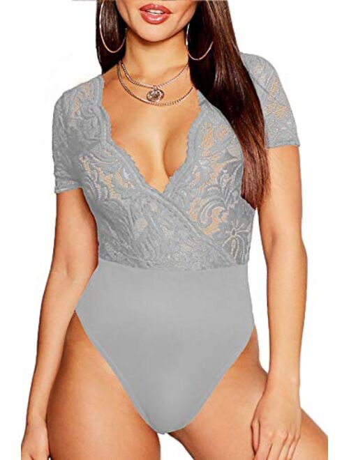 Gladiolus Women Lace Bodysuit Sexy Deep V Snap Crotch Clubwear Tops S-XXXL