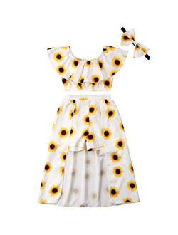 3PCs Toddler Kid Girl Sunflower Print Off Shoulder Crop Top + Pant Skirt + Bowknot Headband