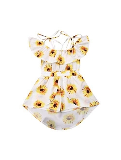 3PCs Toddler Kid Girl Sunflower Print Off Shoulder Crop Top + Pant Skirt + Bowknot Headband