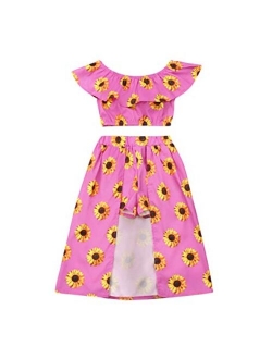 3PCs Toddler Kid Girl Sunflower Print Off Shoulder Crop Top + Pant Skirt + Bowknot Headband