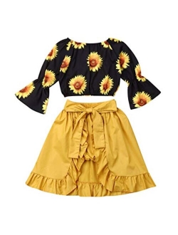 3PCs Toddler Kid Girl Sunflower Print Off Shoulder Crop Top + Pant Skirt + Bowknot Headband