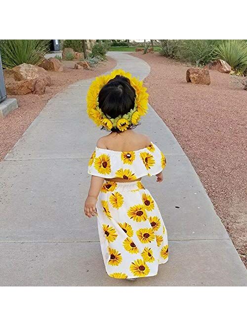 3PCs Toddler Kid Girl Sunflower Print Off Shoulder Crop Top + Pant Skirt + Bowknot Headband