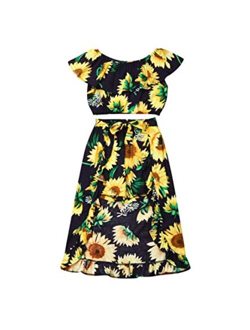 3PCs Toddler Kid Girl Sunflower Print Off Shoulder Crop Top + Pant Skirt + Bowknot Headband