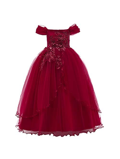 IBTOM CASTLE Flower Girl Off Shoulder Embroidery Lace Wedding Formal Dress for Kids Princess Pageant Birthday Party Dance Maxi Gown