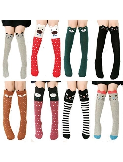 Udobuy Super Cute 8 Pairs Girl Cartoon Animal Cat Bear Fox Cotton Over Calf Knee High Socks