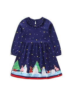 FreeLu Girls' Cotton Casual Longsleeve Party Dresses Special Occasion Cartoon Print Dress