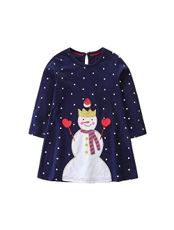 FreeLu Girls' Cotton Casual Longsleeve Party Dresses Special Occasion Cartoon Print Dress