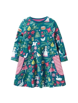 FreeLu Girls' Cotton Casual Longsleeve Party Dresses Special Occasion Cartoon Print Dress