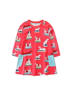 FreeLu Girls' Cotton Casual Longsleeve Party Dresses Special Occasion Cartoon Print Dress