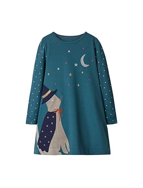 FreeLu Girls' Cotton Casual Longsleeve Party Dresses Special Occasion Cartoon Print Dress