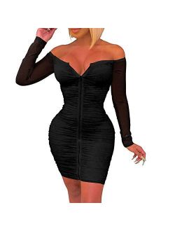 ECHOINE Women's Sexy Off Shoulder Deep V Neck Stretch Long Sleeve Ruched Bodycon Party Mini Dress