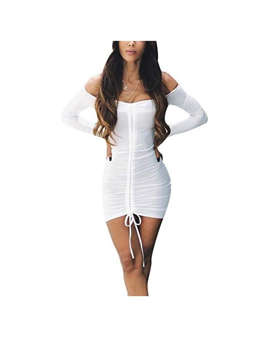 ECHOINE Women's Sexy Off Shoulder Deep V Neck Stretch Long Sleeve Ruched Bodycon Party Mini Dress