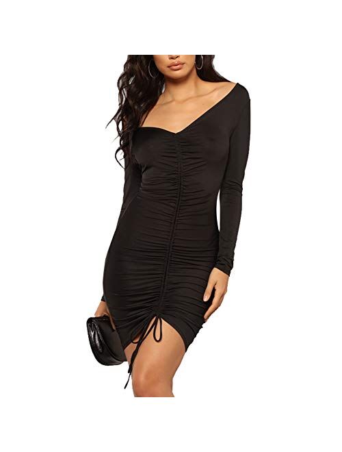 ECHOINE Women's Sexy Off Shoulder Deep V Neck Stretch Long Sleeve Ruched Bodycon Party Mini Dress