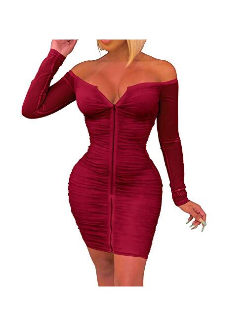 ECHOINE Women's Sexy Off Shoulder Deep V Neck Stretch Long Sleeve Ruched Bodycon Party Mini Dress