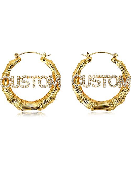 Name Bamboo Hoop Earrings - Custom Name Hoop Big Circle Earrings for Women Lady Girl Jewelry Gifts