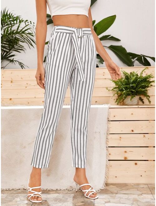 Buy Shein Slant Pocket Striped Pants With O-ring Belt online | Topofstyle