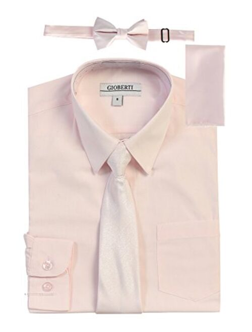 Gioberti Boy's Long Sleeve Dress Shirt + Solid Tie, Bow Tie, and Hanky