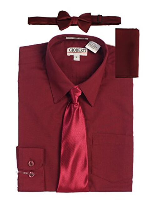 Gioberti Boy's Long Sleeve Dress Shirt + Solid Tie, Bow Tie, and Hanky