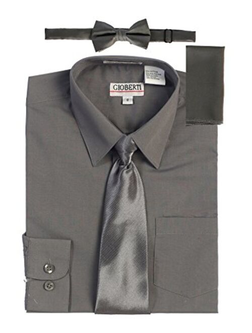 Gioberti Boy's Long Sleeve Dress Shirt + Solid Tie, Bow Tie, and Hanky