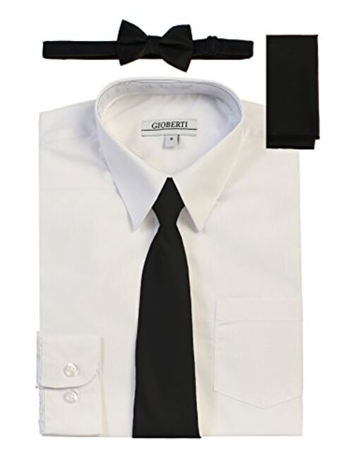 Gioberti Boy's Long Sleeve Dress Shirt + Solid Tie, Bow Tie, and Hanky