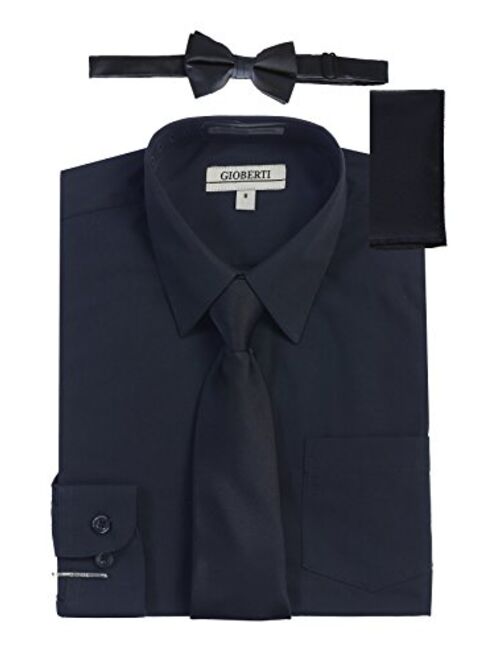 Gioberti Boy's Long Sleeve Dress Shirt + Solid Tie, Bow Tie, and Hanky