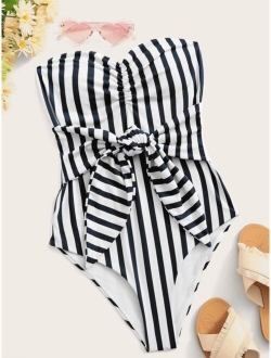 Striped Knot Front One Piece Swimsuit