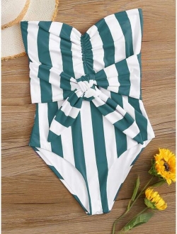 Striped Knot Front One Piece Swimsuit