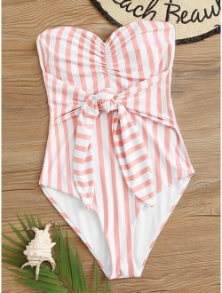 Striped Knot Front One Piece Swimsuit