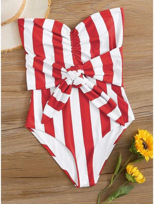 Shein Striped Knot Front One Piece Swimsuit