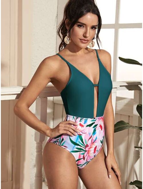 Shein Floral Plunge One Piece Swimsuit