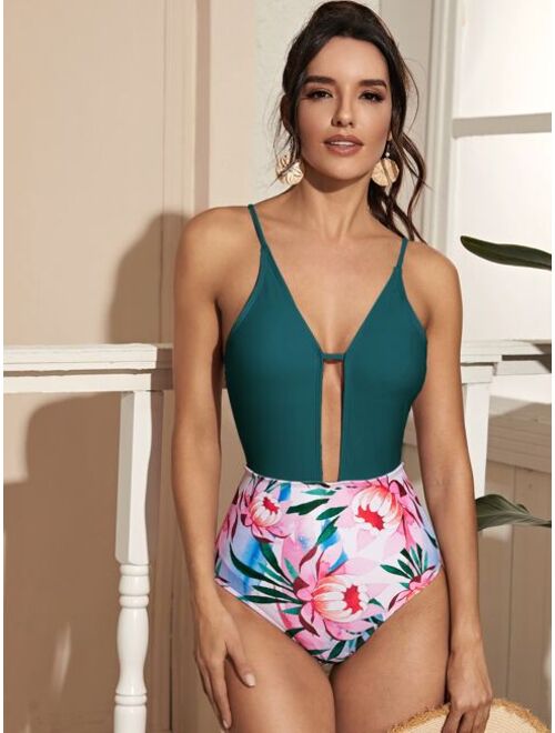 Shein Floral Plunge One Piece Swimsuit