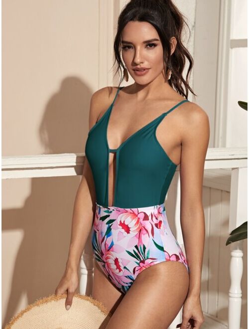 Shein Floral Plunge One Piece Swimsuit