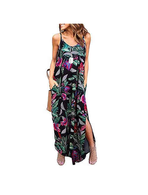 Womens Summer Casual Loose Long Maxi Beach Cover Up Cami Dress with Pockets