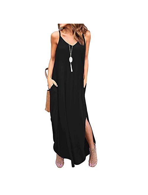 Womens Summer Casual Loose Long Maxi Beach Cover Up Cami Dress with Pockets