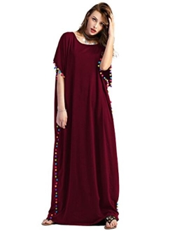 Women's Pom Pom Trim O Neck Casual Loose Maxi Kaftan Dress