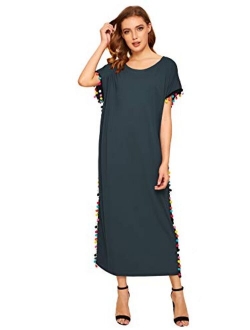 Women's Pom Pom Trim O Neck Casual Loose Maxi Kaftan Dress